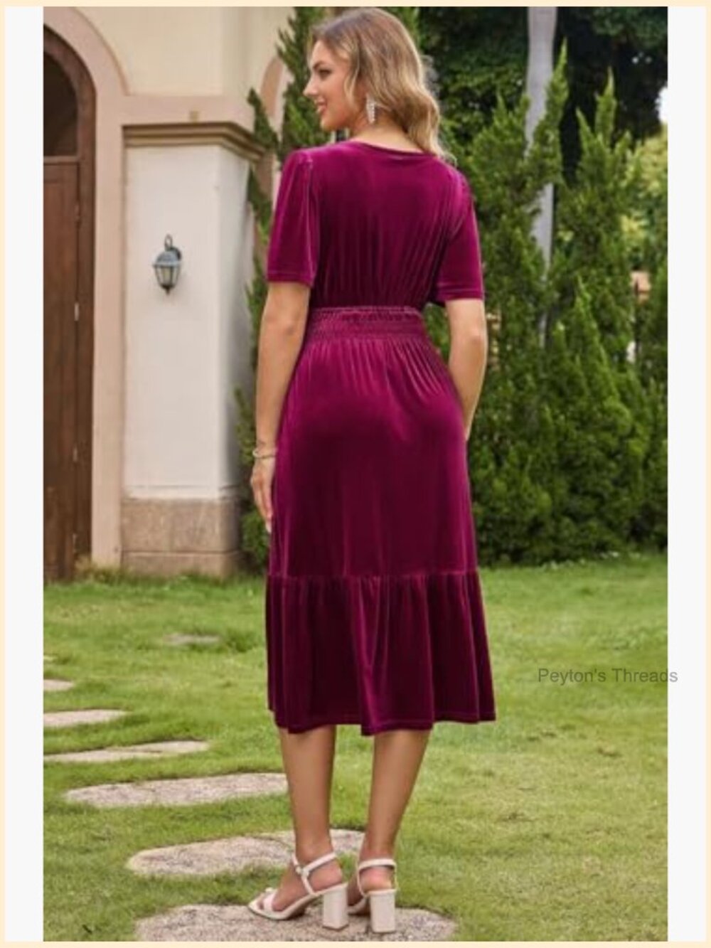 Velvet V-Neck Short Flared Sleeve Wedding Guest Dress with Pockets - Picture 4 of 6